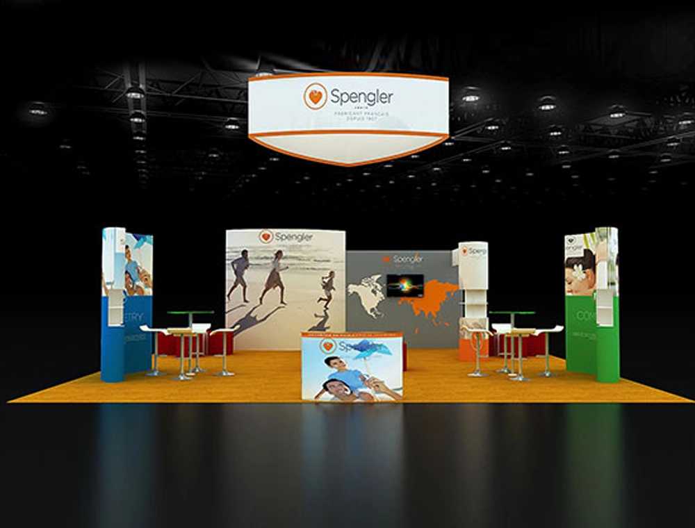 Trade show 30x30 booth with central demo station